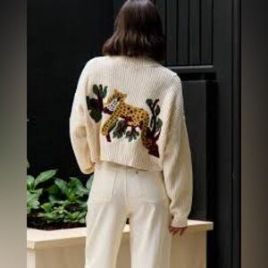 STAUD cropped Hampton Cream Sweater with Leopard Design Xsmall